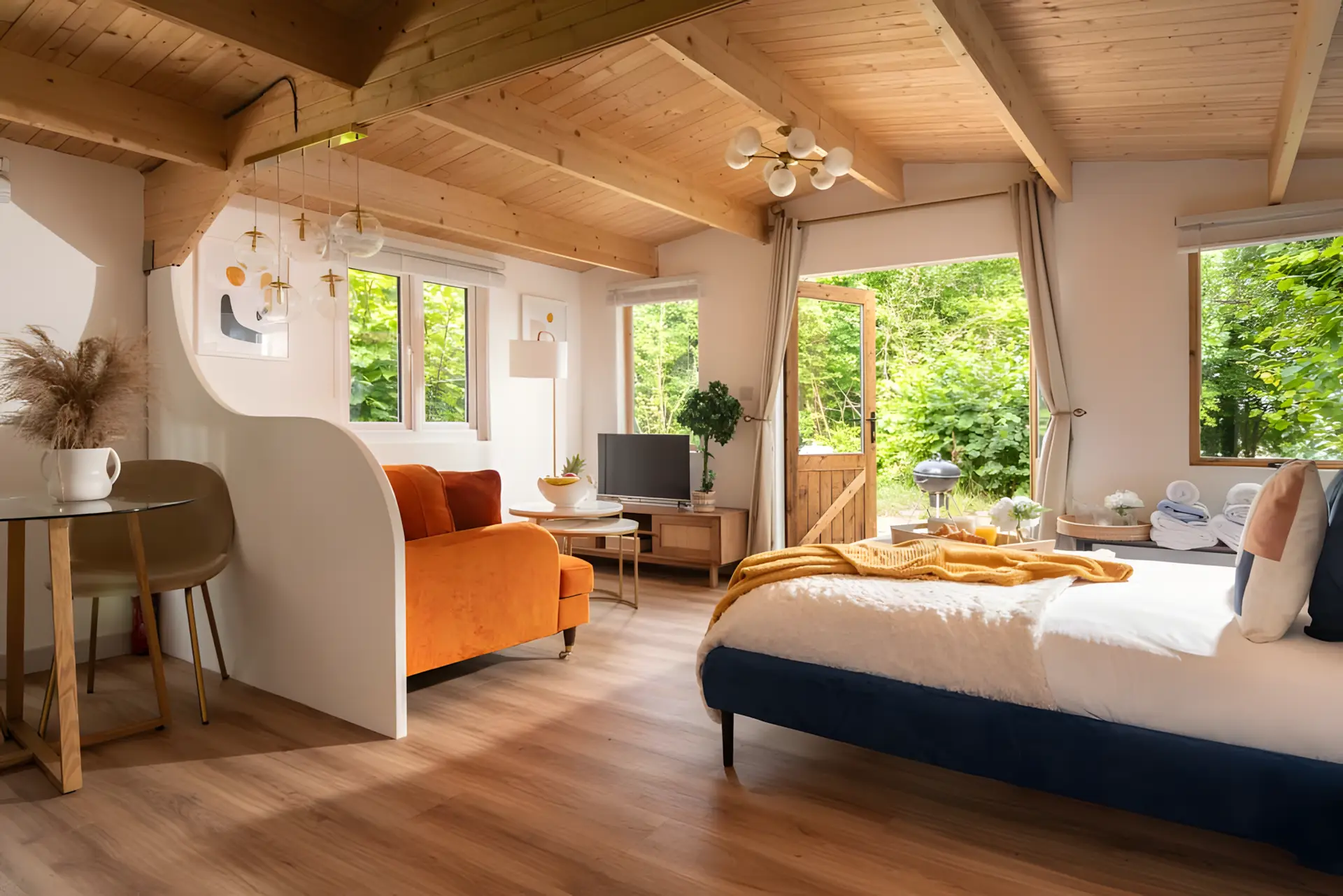 Cosy living area with exposed wooden beams